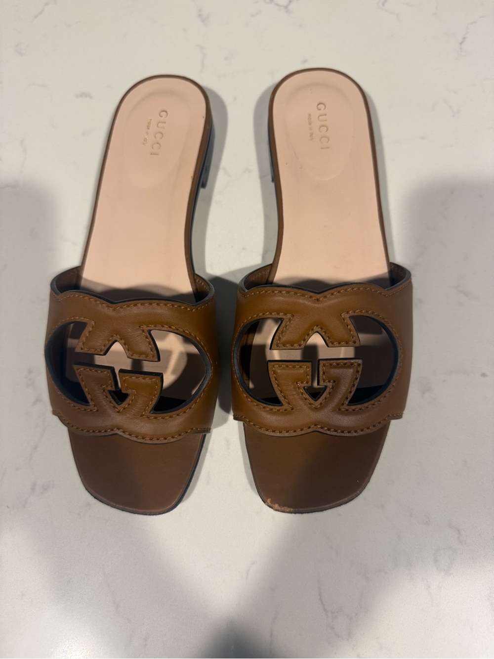 Gucci Brown Leather GG Cutout Slide Mules